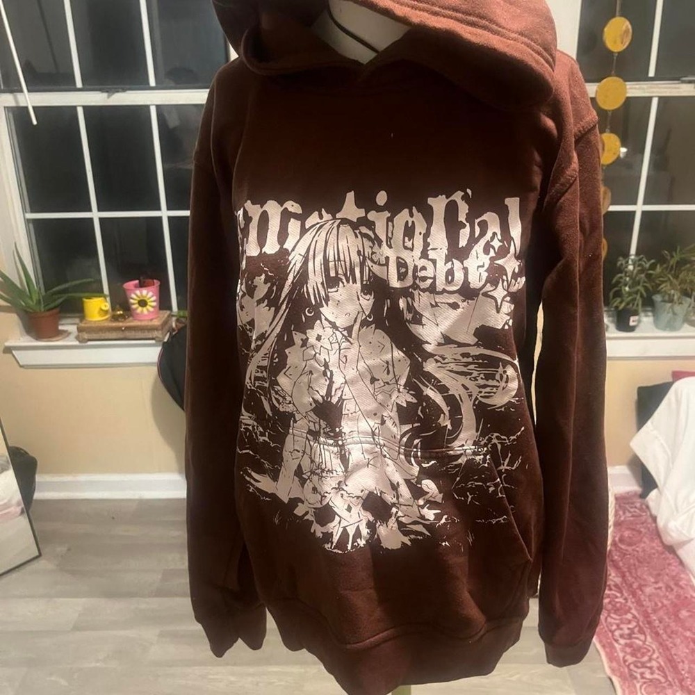 Brown hoodie with white anime-style graphic 'Emotional Debt', size S